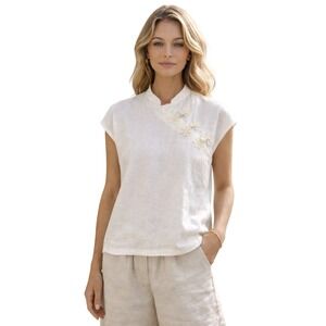 White Linen Embroidered Cap Sleeve Top Alexandra Bartlett M Slow Fashion Costal
